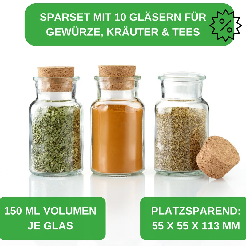 Thiru Gewürzgläser mit Korken 10 Stück - je 150 ml