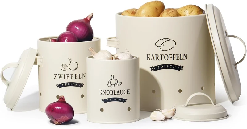 Kartoffel Vorratsdosen Set, Kartoffeltopf im Retro Zwiebeltopf, Vorratsbehälter aus Metall, Kann Kartoffeln für eine Lange Zeit lagern(Set)
