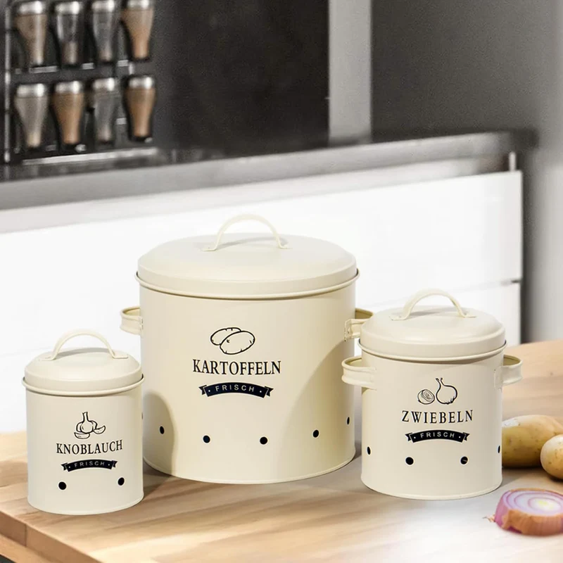 Kartoffel Vorratsdosen Set, Kartoffeltopf im Retro Zwiebeltopf, Vorratsbehälter aus Metall, Kann Kartoffeln für eine Lange Zeit lagern(Set)