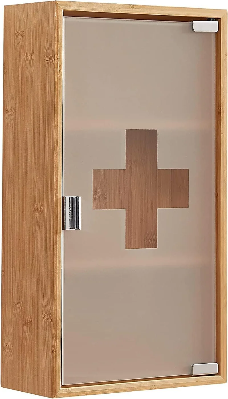 Medikamentenschrank & Medizinschrank aus Bambus, hängeschrank, Hausapotheke, Erste Hilfe Schrank, Glastür mit Magnetverschluss,Arzneischrank 3 Fächer,12T x 27B x 48H cm