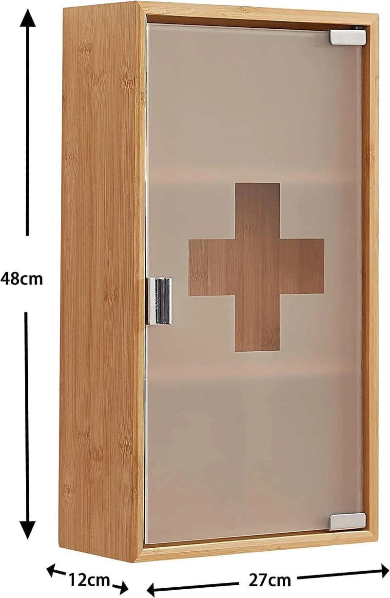 Medikamentenschrank & Medizinschrank aus Bambus, hängeschrank, Hausapotheke, Erste Hilfe Schrank, Glastür mit Magnetverschluss，Arzneischrank 3 Fächer，12T x 27B x 48H cm