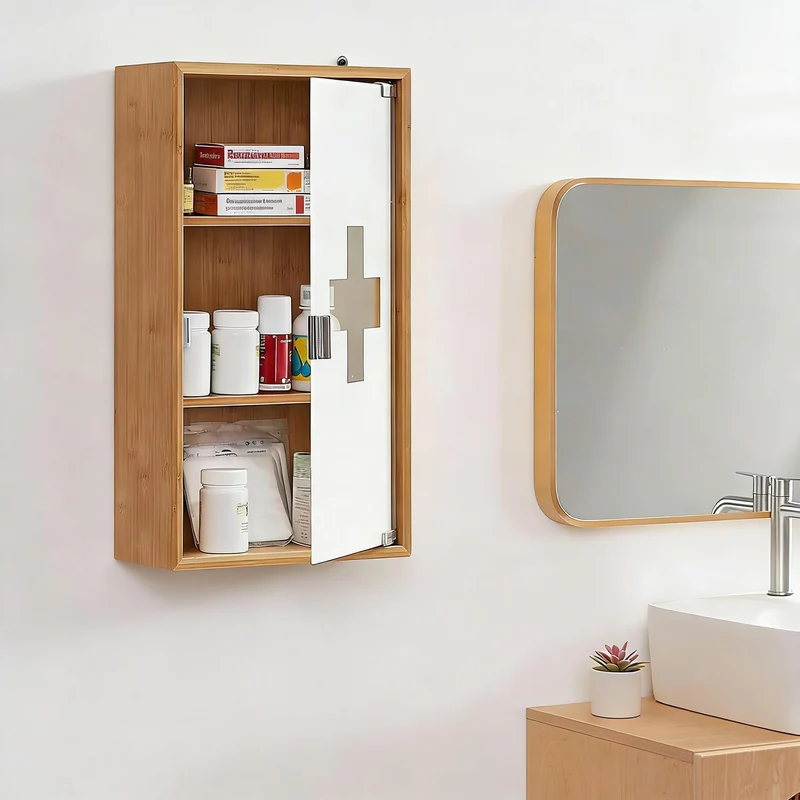 Medikamentenschrank & Medizinschrank aus Bambus, hängeschrank, Hausapotheke, Erste Hilfe Schrank, Glastür mit Magnetverschluss，Arzneischrank 3 Fächer，12T x 27B x 48H cm