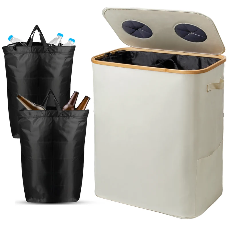 140L Pfandflaschen Sammelbehälter mit Deckel & XXL Tragetaschen, Flaschensammler für Leergut & Altglas, 2 Fächer Organizer mit Lochdesign, Recycling Behälter für Küche & Abstellraum