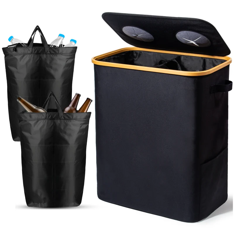 140L Pfandflaschen Sammelbehälter mit Deckel & XXL Tragetaschen, Flaschensammler für Leergut & Altglas, 2 Fächer Organizer mit Lochdesign, Recycling Behälter für Küche & Abstellraum