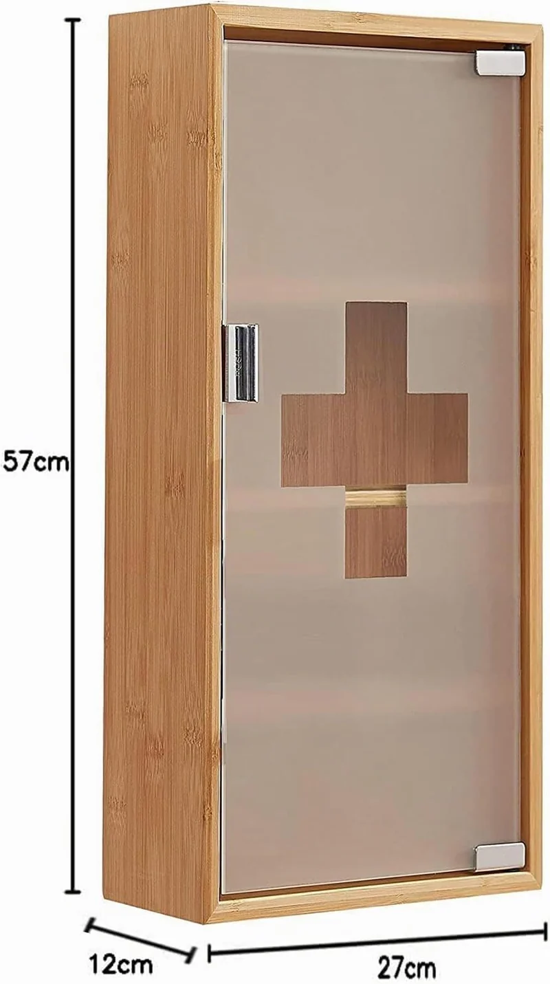 Medikamentenschrank & Medizinschrank aus Bambus, hängeschrank, Hausapotheke, Erste Hilfe Schrank,Glastür mit Magnetverschluss,Arzneischrank 4 Fächer,12T x 27B x 57H cm