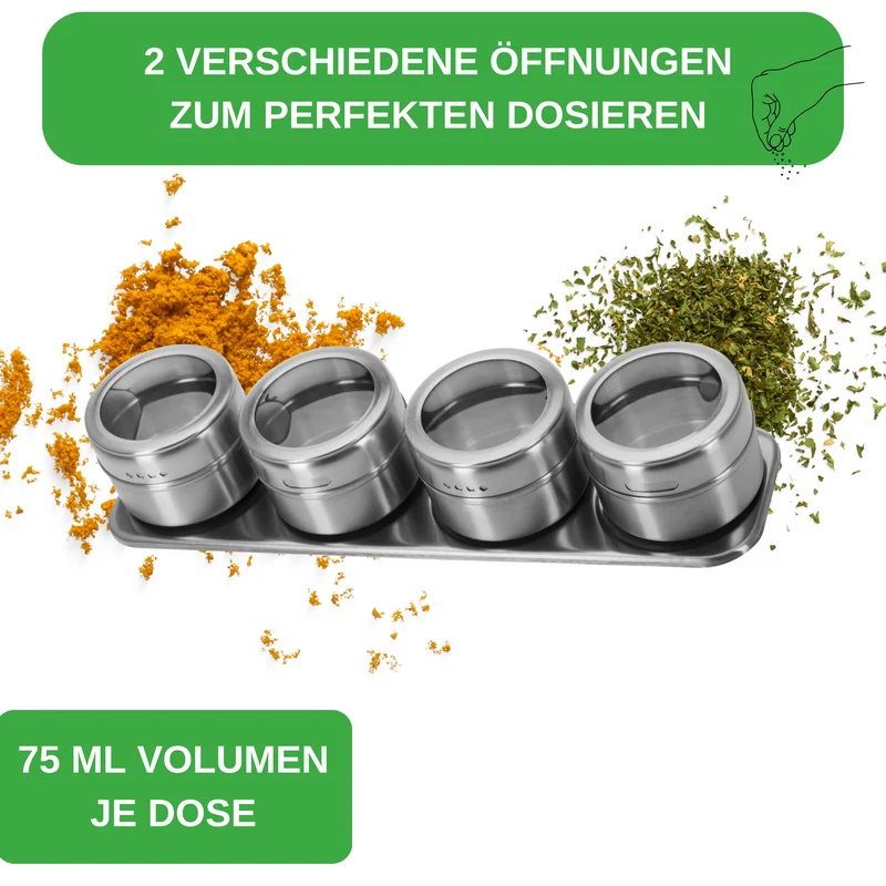 Thiru Gewürzdosenset, 5 tlg. mit Magnetboden auf Edelstahlboard