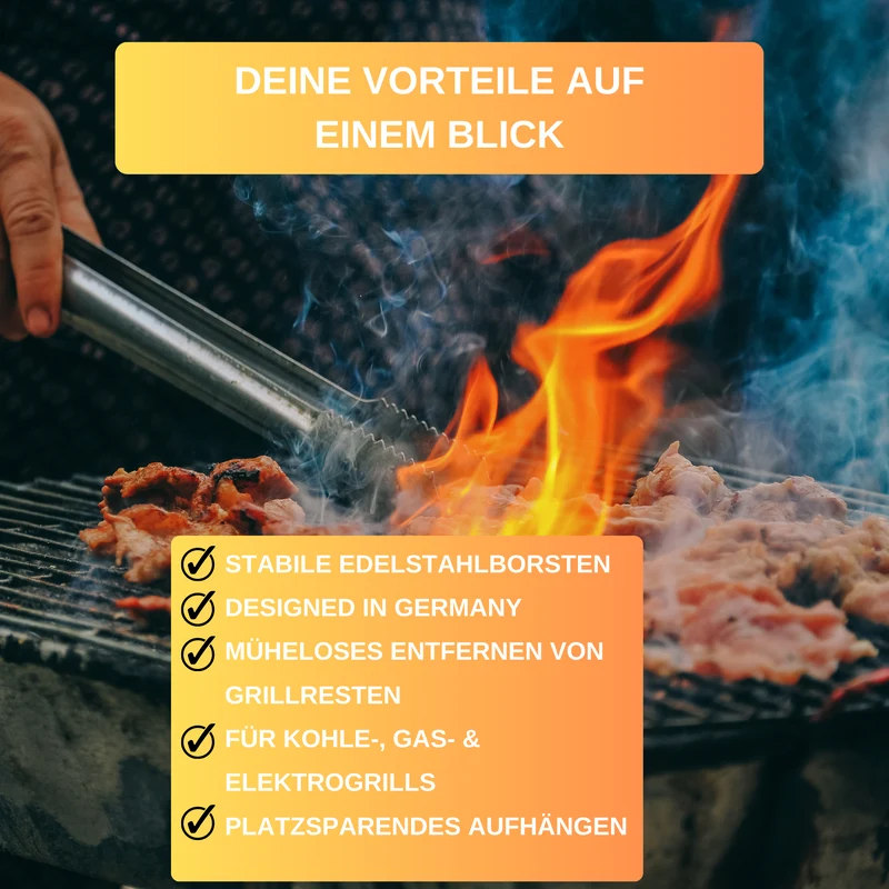 Thiru Grillbürste mit stabilen Edelststahlborsten, Ergonomischer Griff, inklusive Bändchen zum Aufhängen