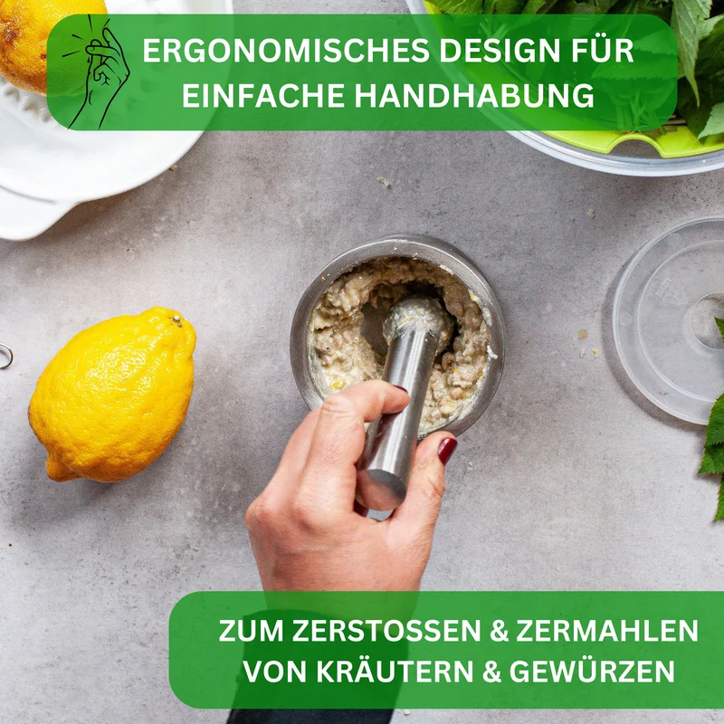 Thiru Mörser Premium – Gewürze & Kräuter schonend zerstoßen, pflegeleicht, in Edelstahl / Granit / Marmor