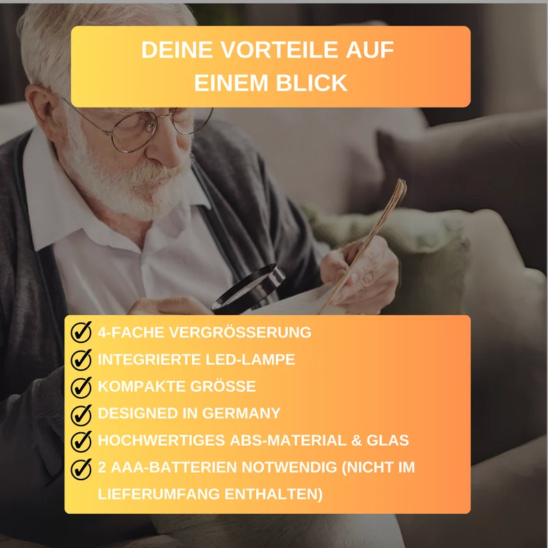 Thiru Leuchtlupe mit Leselampe für 4-fache Vergrößerung