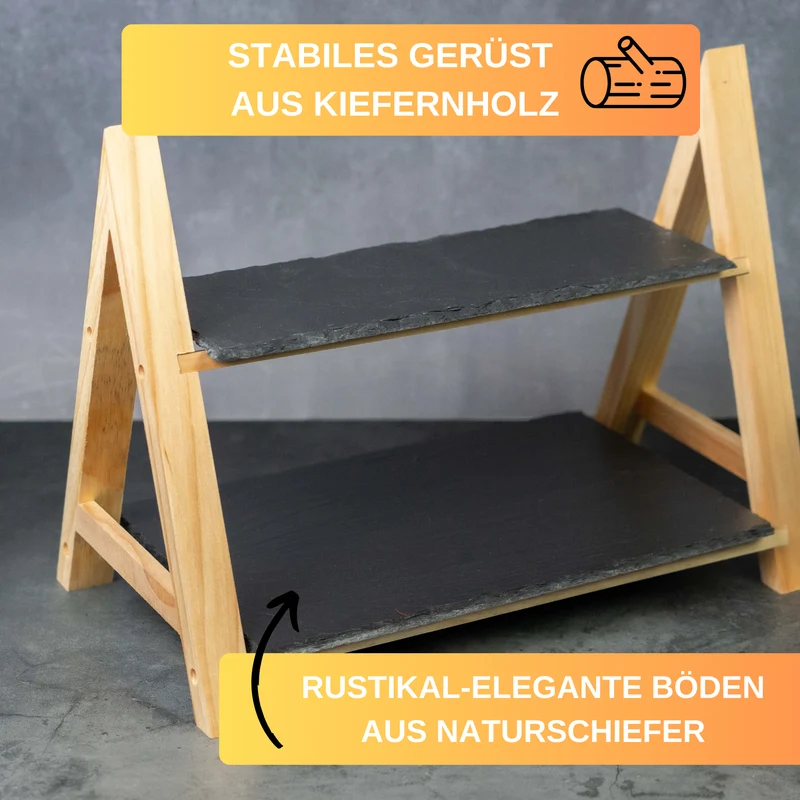 Thiru Etagere 2-stufig mit fett- und wasserdichten Naturschiefer-Platten mit lebensmittelechter Spezialbeschichtung