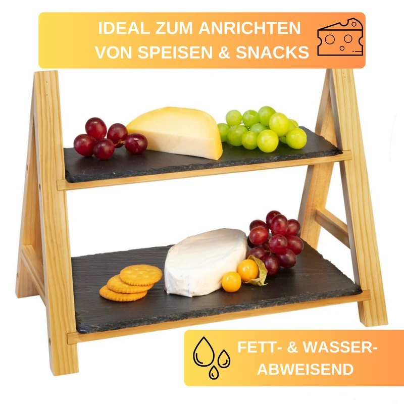 Thiru Etagere 2-stufig mit fett- und wasserdichten Naturschiefer-Platten mit lebensmittelechter Spezialbeschichtung
