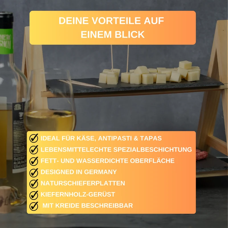 Thiru Etagere 2-stufig mit fett- und wasserdichten Naturschiefer-Platten mit lebensmittelechter Spezialbeschichtung