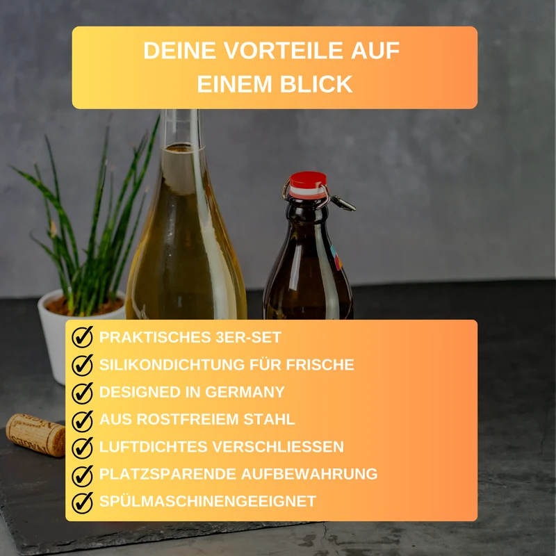 Thiru Flaschenverschluss 3er Set mit Hebel und Silikondichtung aus rostfreiem Stahl zum Verschließen von Kronkorkenflaschen