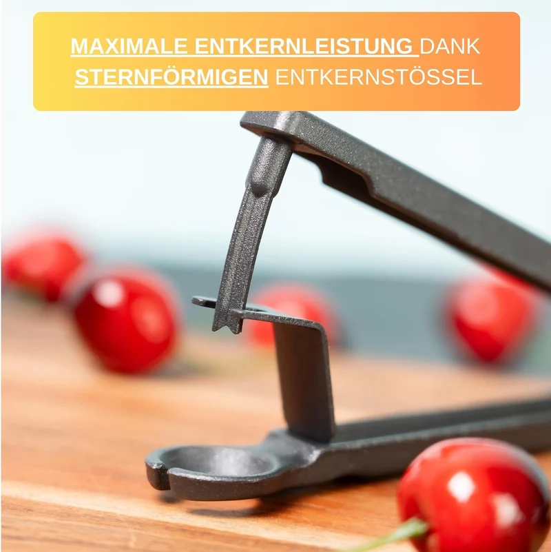 Thiru Entkerner mit robustem sternförmigen Entkernstößel, Kirschentkerner, Made in Germany, robuster Entkernstößel, auch für Kirschen mit Stiel