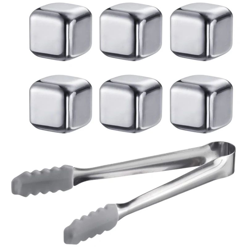 Thiru Eiswürfel-Steine aus lebensmittelechtem Edelstahl, 7-tlg. Set inklusive Zange