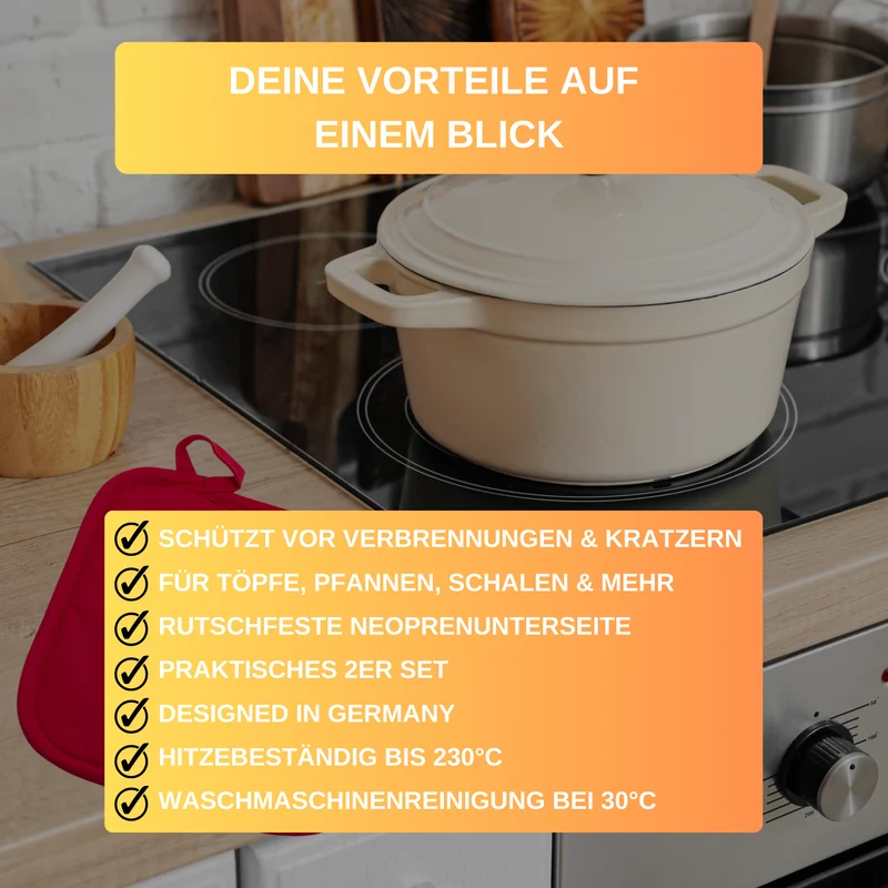 Thiru Topflappen 2er Set aus Baumwolle mit rutschfestem Neopren und Aufhängöse, hitzebeständig bis 230°C