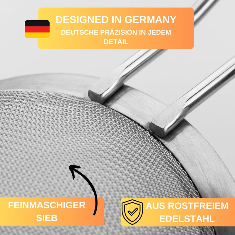Thiru Küchensieb aus rostfreiem Edelstahl mit langem Griff und breiter Edelstahlkrempe