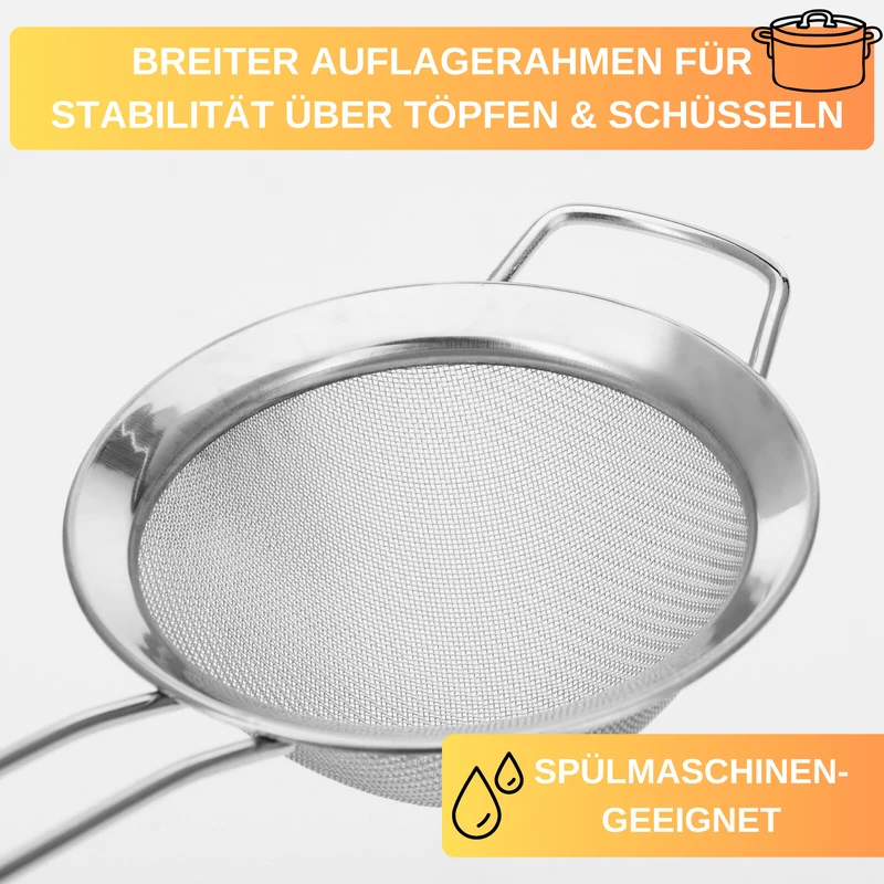 Thiru Küchensieb aus rostfreiem Edelstahl mit langem Griff und breiter Edelstahlkrempe