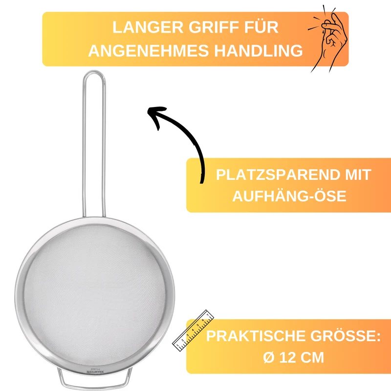 Thiru Küchensieb aus rostfreiem Edelstahl mit langem Griff und breiter Edelstahlkrempe