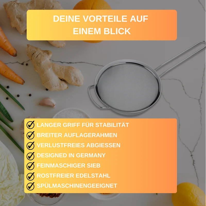 Thiru Küchensieb aus rostfreiem Edelstahl mit langem Griff und breiter Edelstahlkrempe