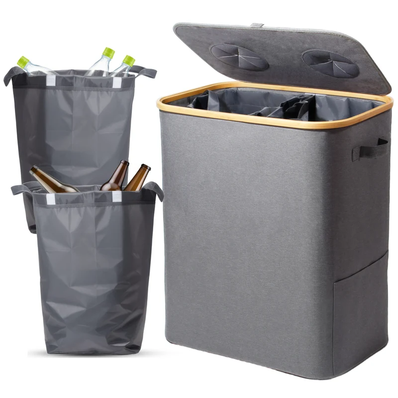 140L Pfandflaschen Sammelbehälter mit Deckel & XXL Tragetaschen, Flaschensammler für Leergut & Altglas, 2 Fächer Organizer mit Lochdesign, Recycling Behälter für Küche & Abstellraum (Grau)