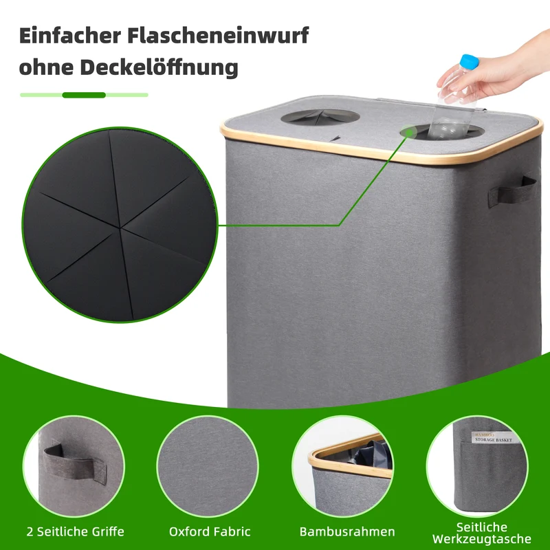 140L Pfandflaschen Sammelbehälter mit Deckel & XXL Tragetaschen, Flaschensammler für Leergut & Altglas, 2 Fächer Organizer mit Lochdesign, Recycling Behälter für Küche & Abstellraum (Grau)