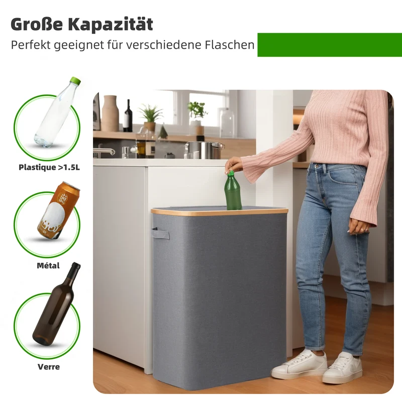 140L Pfandflaschen Sammelbehälter mit Deckel & XXL Tragetaschen, Flaschensammler für Leergut & Altglas, 2 Fächer Organizer mit Lochdesign, Recycling Behälter für Küche & Abstellraum (Grau)