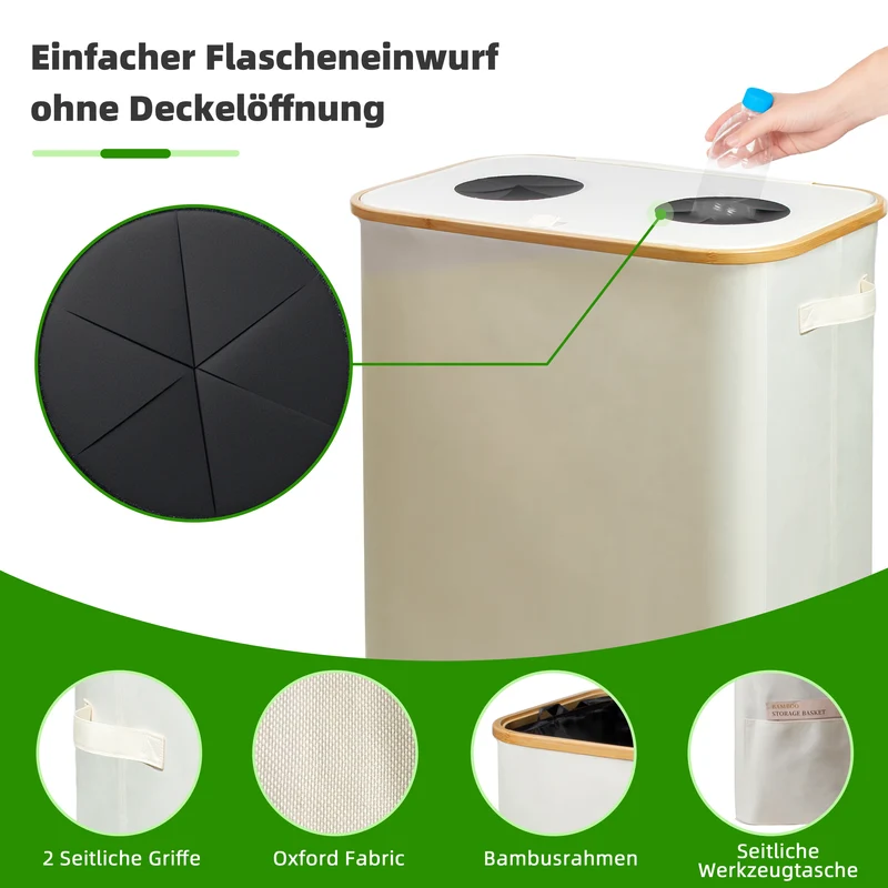 140L Pfandflaschen Sammelbehälter mit Deckel & XXL Tragetaschen, Flaschensammler für Leergut & Altglas, 2 Fächer Organizer mit Lochdesign, Recycling Behälter für Küche & Abstellraum (Beige)