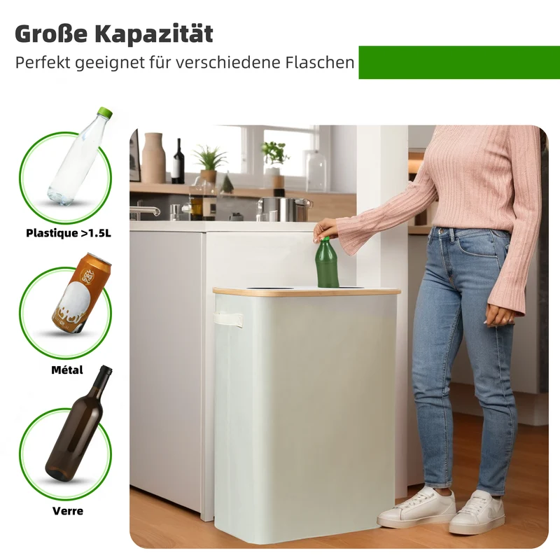 140L Pfandflaschen Sammelbehälter mit Deckel & XXL Tragetaschen, Flaschensammler für Leergut & Altglas, 2 Fächer Organizer mit Lochdesign, Recycling Behälter für Küche & Abstellraum (Beige)