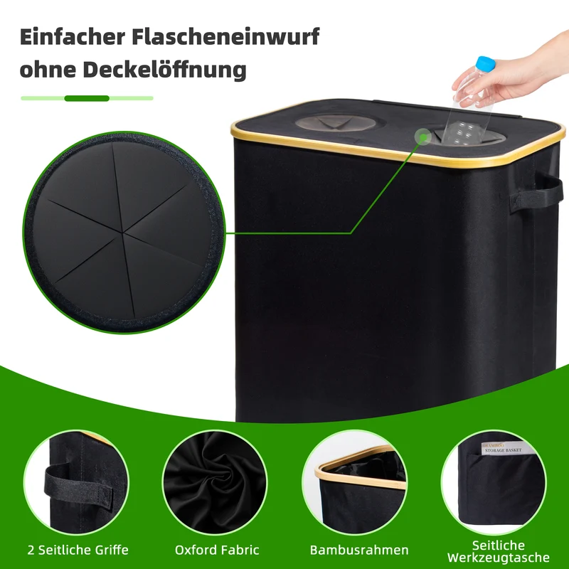 140L Pfandflaschen Sammelbehälter mit Deckel & XXL Tragetaschen, Flaschensammler für Leergut & Altglas, 2 Fächer Organizer mit Lochdesign, Recycling Behälter für Küche & Abstellraum, Schwarz