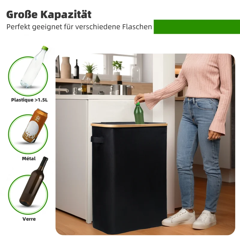 140L Pfandflaschen Sammelbehälter mit Deckel & XXL Tragetaschen, Flaschensammler für Leergut & Altglas, 2 Fächer Organizer mit Lochdesign, Recycling Behälter für Küche & Abstellraum, Schwarz