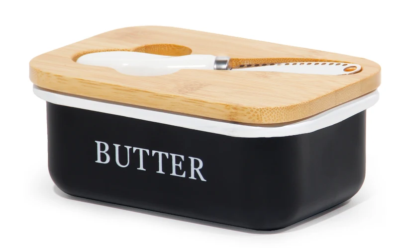 Butterdose mit Holzdeckel, Butterglocke für 250 g Butter, Multi-Funktion Butter Dish, Edlem & Nachhaltigem Bambusdeckel (Schwarz+buttermesser)