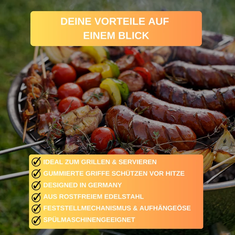 Thiru Grillzange mit Edelstahllaffen, gummierten Griffen und Aufhängeöse, abgerundete Laffen