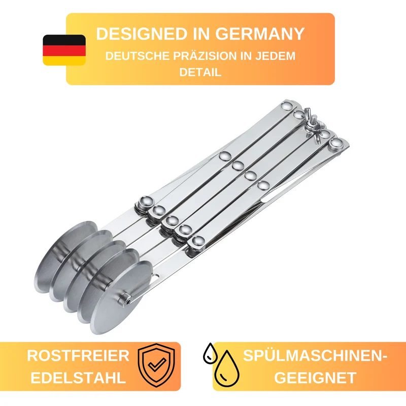 Thiru Teigschneider Premium Edelstahl mit 5 Rädchen für 1,2 - 12,2 cm Streifenbreite, platzsparend einschiebbar