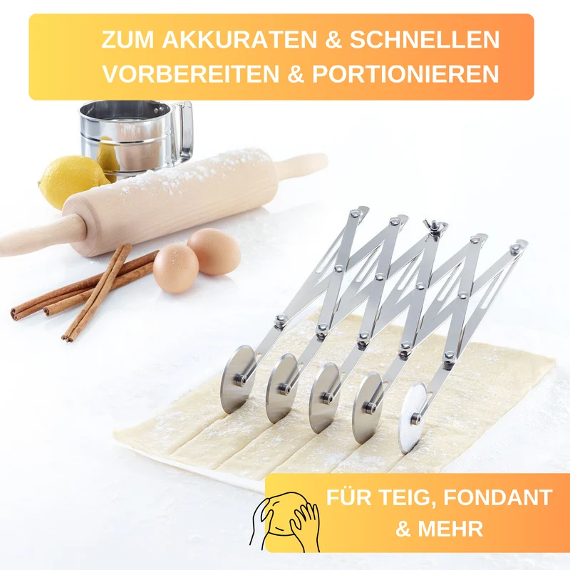 Thiru Teigschneider Premium Edelstahl mit 5 Rädchen für 1,2 - 12,2 cm Streifenbreite, platzsparend einschiebbar