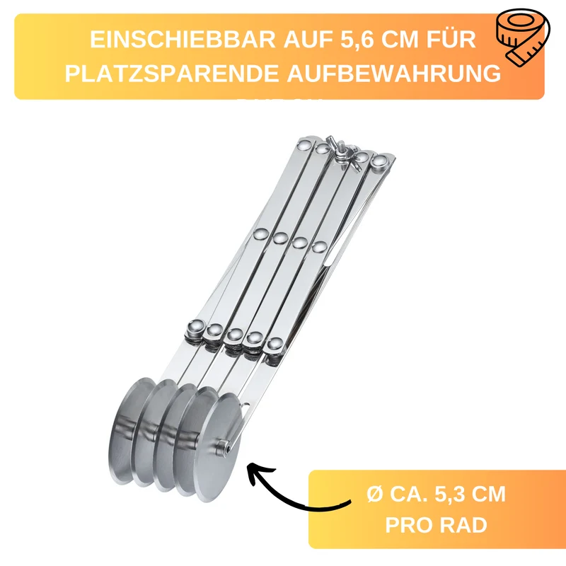 Thiru Teigschneider Premium Edelstahl mit 5 Rädchen für 1,2 - 12,2 cm Streifenbreite, platzsparend einschiebbar