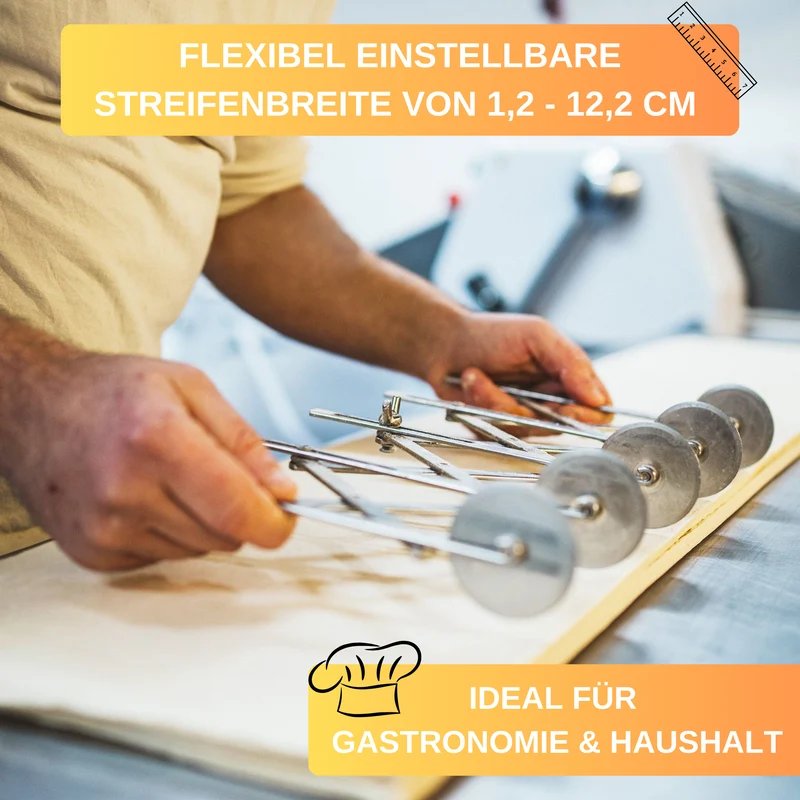 Thiru Teigschneider Premium Edelstahl mit 5 Rädchen für 1,2 - 12,2 cm Streifenbreite, platzsparend einschiebbar