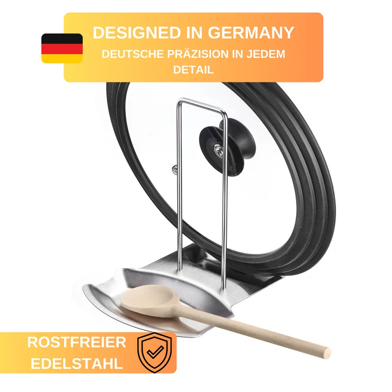 Thiru Geschirrständer Ablage für Deckel + Löffel aus rostfreiem Edelstahl mit tiefen Mulden, für Deckel mit ø 16-32 cm, einfache Montage