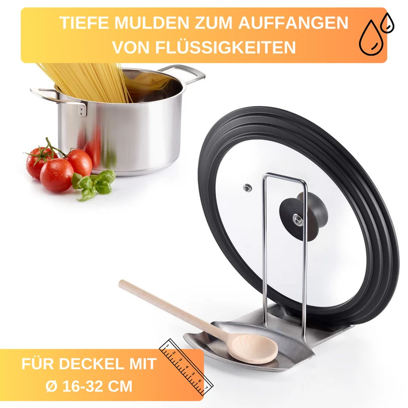 Thiru Geschirrständer Ablage für Deckel + Löffel aus rostfreiem Edelstahl mit tiefen Mulden, für Deckel mit ø 16-32 cm, einfache Montage