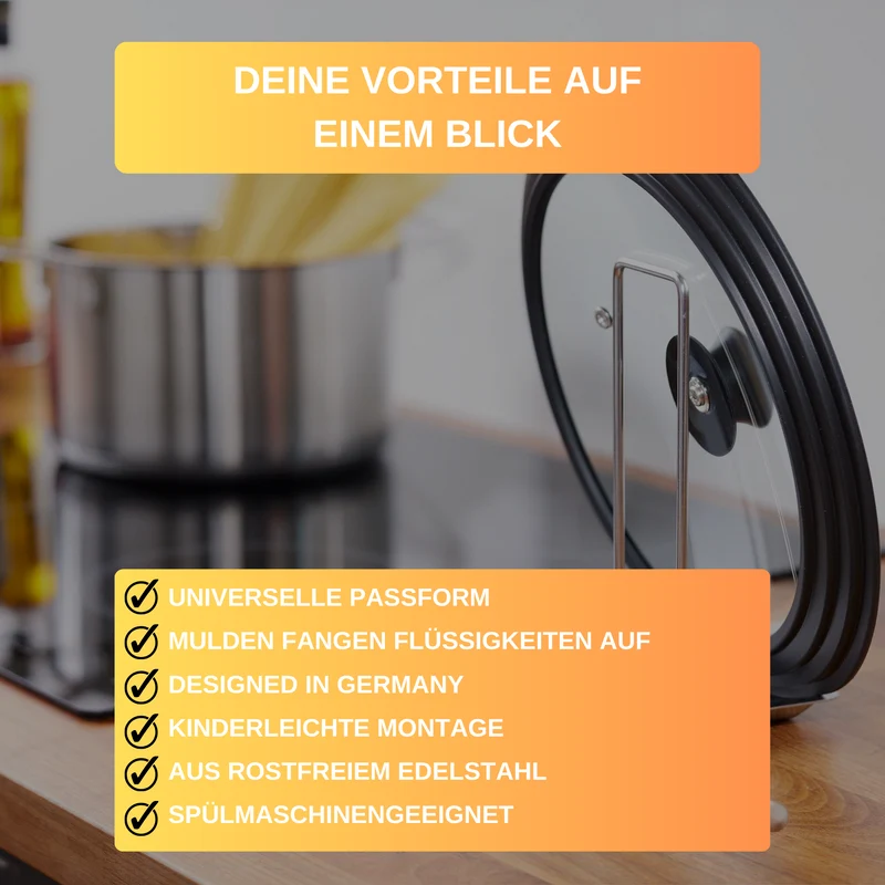 Thiru Geschirrständer Ablage für Deckel + Löffel aus rostfreiem Edelstahl mit tiefen Mulden, für Deckel mit ø 16-32 cm, einfache Montage