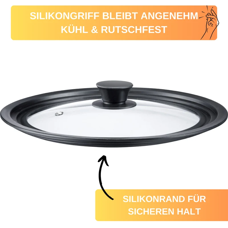 Thiru Universaldeckel mit Silikonrand und stabilem Griff, hitzebständig bis 200 °C
