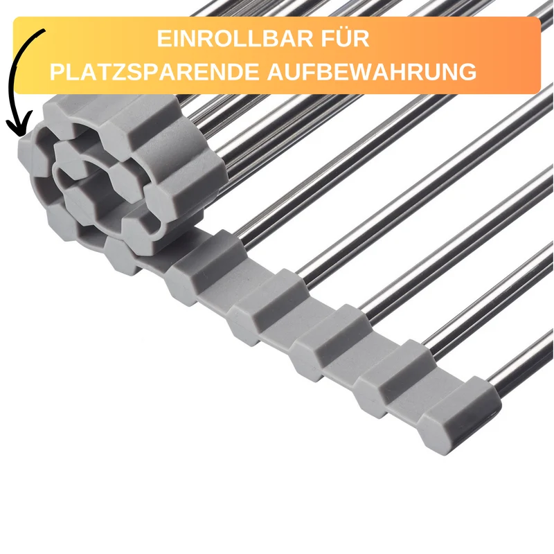Thiru Abtropfmatte rollbar, aus rostfreiem Edelstahl - 29 cm x 47 cm, mit Silikonkante