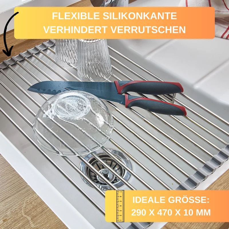 Thiru Abtropfmatte rollbar, aus rostfreiem Edelstahl - 29 cm x 47 cm, mit Silikonkante