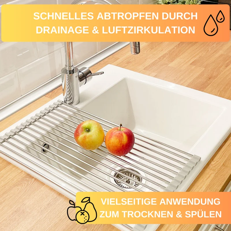 Thiru Abtropfmatte rollbar, aus rostfreiem Edelstahl - 29 cm x 47 cm, mit Silikonkante