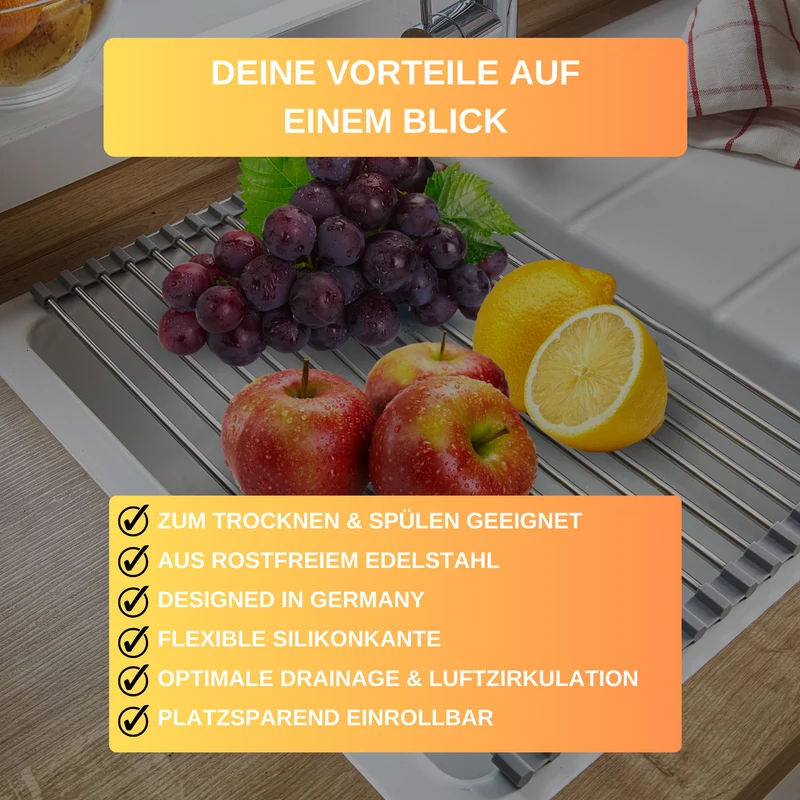 Thiru Abtropfmatte rollbar, aus rostfreiem Edelstahl - 29 cm x 47 cm, mit Silikonkante