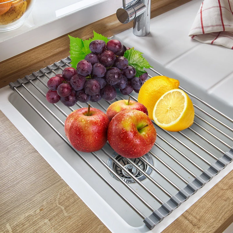 Thiru Abtropfmatte rollbar, aus rostfreiem Edelstahl - 29 cm x 47 cm, mit Silikonkante