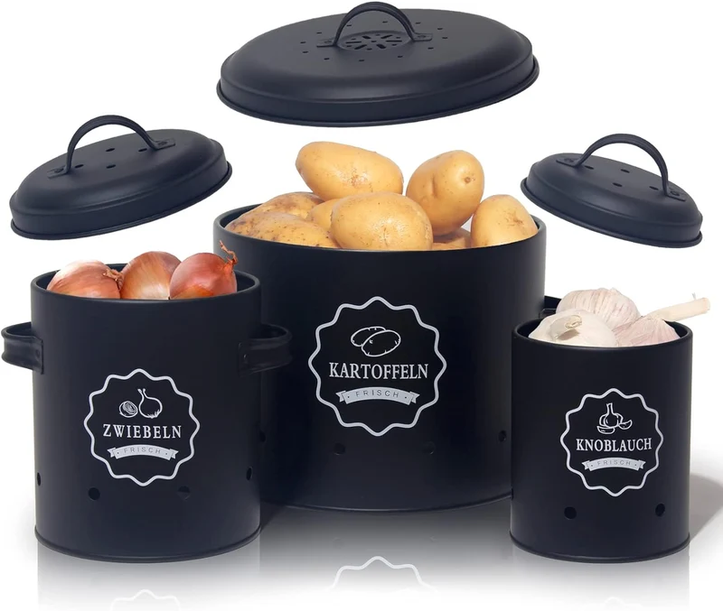 Kartoffel Vorratsdosen Set, Kartoffeltopf im Retro Zwiebeltopf, Vorratsbehälter aus Metall, lagern