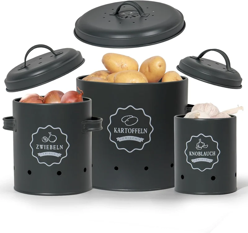 Kartoffel Vorratsdosen Set, Kartoffeltopf im Retro Zwiebeltopf, Vorratsbehälter aus Metall, lagern