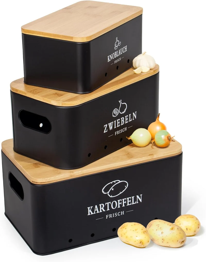 Kartoffel Aufbewahrungsbox 3er Set, 360° Luftzirkulation für längere Frische, Für Zwiebeln, Kartoffeln, Knoblauch Schwarz