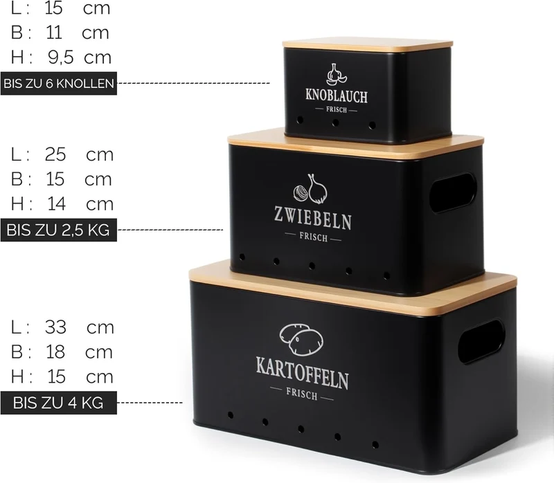 Kartoffel Aufbewahrungsbox 3er Set, 360° Luftzirkulation für längere Frische, Für Zwiebeln, Kartoffeln, Knoblauch Schwarz